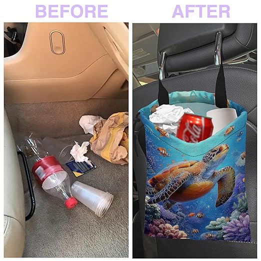 Car Trash Bag Sea Turtles Car Garbage Bag Waterproof Car Trash Can for Back Seat with Adjustable Straps and Drawstring, Foldable Car Trash Bin for Car Accessories Vehicle Travelling Camping