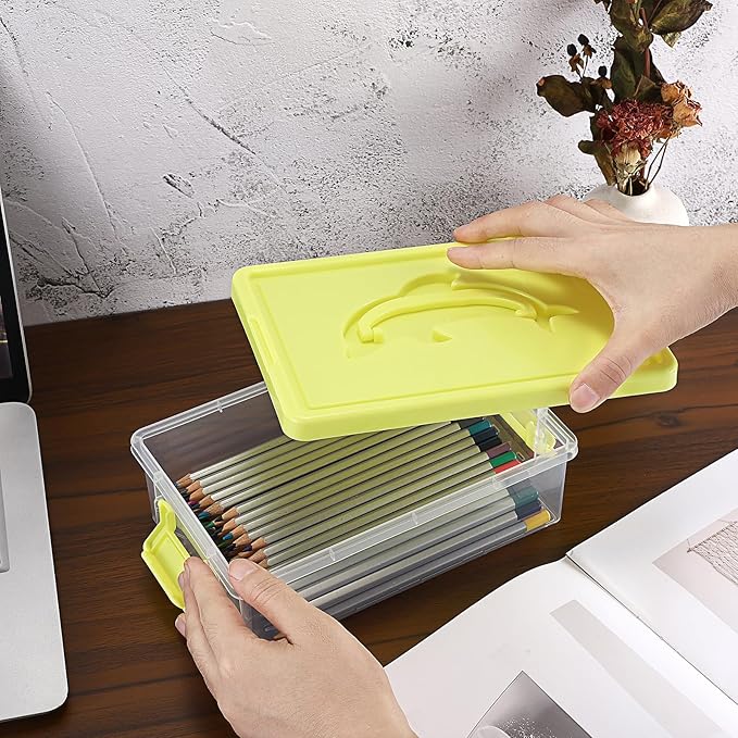 BTSKY 1-Pack Clear Plastic Storage Box with Lid, Stackable Organizer Featuring Easy-Lift Dolphin Design, Multi-Use Portable Container for Home, Craft, Office, Space-Saving with Secure-Clasp, Yellow