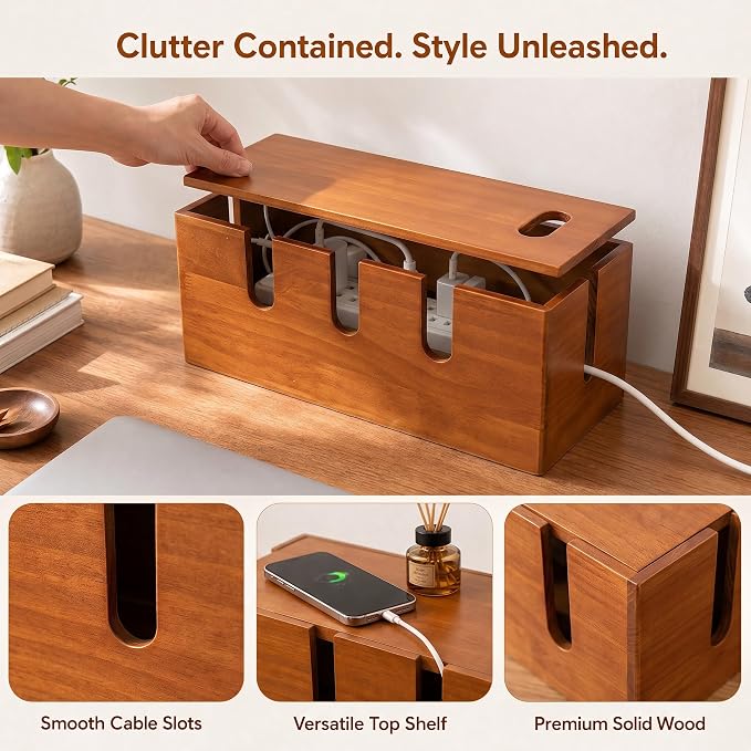 Wood Cable Management Box, Power Strip Cord Organizer Box, for Electrical Hiding Cord Management, Desk Cable Storage Box for Home Office