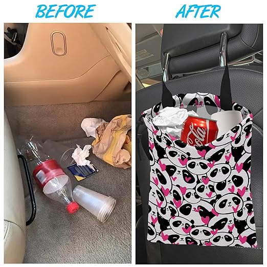 Car Trash Bag Hanging Cute Panda and Heart Car Trash Can Waterproof Garbage Bag Hanging for Car Back Seat
