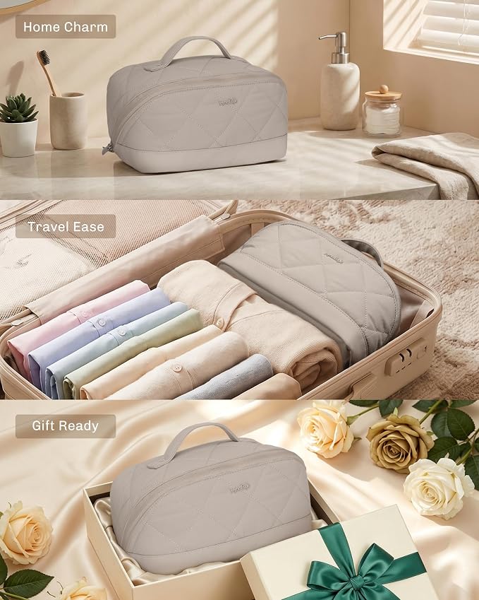 Hynes Eagle Travel Makeup Bag for Women Puffy Cosmetic Organizer Pouch Open Flat Toiletry Bag for Toiletries Brushes Structured Base Classic Camel