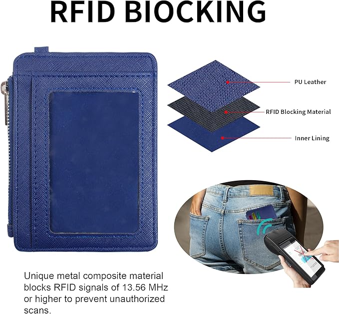 Credit Card Holder Wallet RFID Blocking Leather Small Wallet for Women Slim Minimalist Front Pocket Wristlet Wallets for Women （Navy Blue）