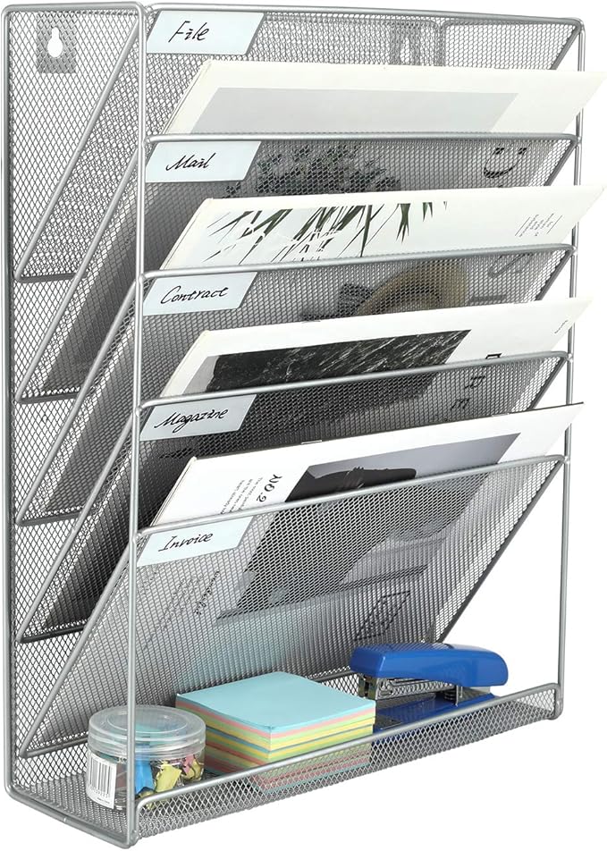 EasyPAG 5 Tier Wall File Holder, Mesh Hanging Folder Organizer with Classify Label, Versatile Desk File Holder, Vertical Wall Mounted Mail Organizer for Office Home Cubicle, Silver