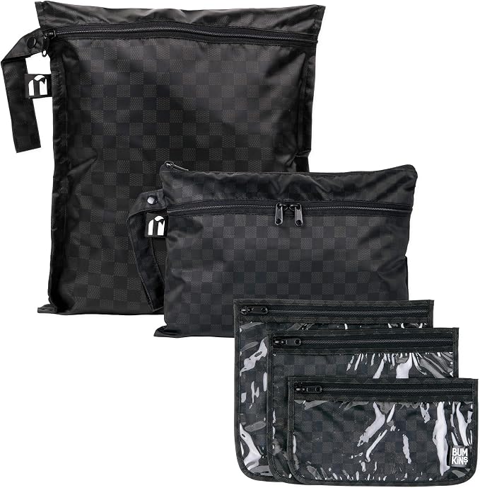 Bumkins and Roamio Waterproof Wet Bag, Wet/Dry Clutch & Clear Travel Bags - For Beach, Baby, Travel, Cloth Diapers, Pump Parts, Pool, Gym, Toiletries - Reusable & Easy to Clean - Black Check - 5 Pack
