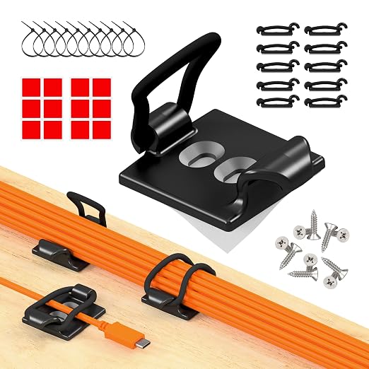 [Made in the UK] 10-Pack Adjustable Elastic Adhesive Cable Clips, Wire Management Holder, Cord Organizer for Home Office, Under Desk, Behind TV, Phone Charger, Laptop, PC, HDMI, USB (Black)