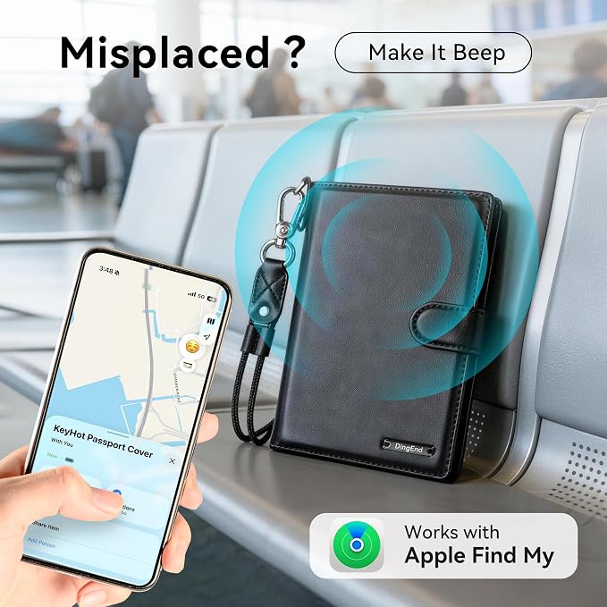Passport Holder for Travel, RFID Blocking Card Wallet, Apple MFi Certified Smart Passport Cover Works with Find My, Rechargeable Travel Wallet with Lanyard, PU Leather, Black