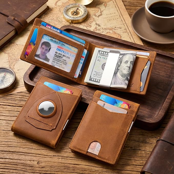 kinzd Slim Wallet with Money Clip RFID Blocking Minimalist Bifold Wallet for Men Genuine Leather Front Pocket Card Holder
