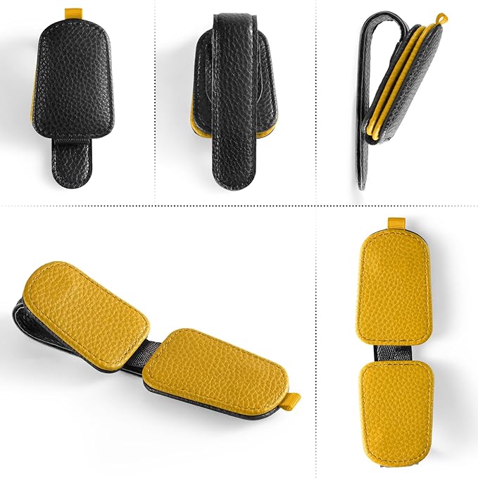 SINGARO Sunglasses Holder for Car, Leather Magnetic Buckle Sun Visor Sunglass Clip, Ticket Card Storage Glasses Clip, Car Interior Accessories for Men and Women（2PCS Black-Yellow）
