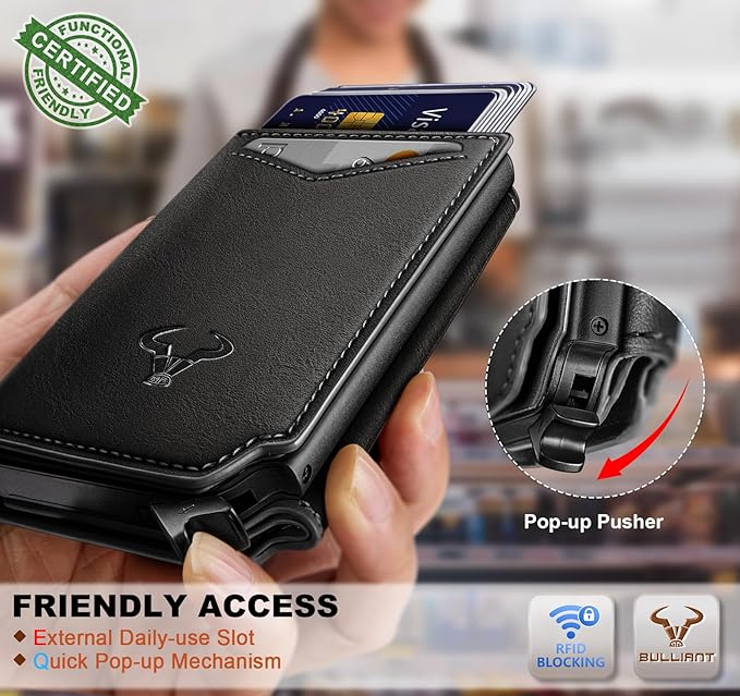 BULLIANT Men Wallet Leather Wallet Card Holders Money Clip for Men 10Cards-Magnetic Flip on Metal Case