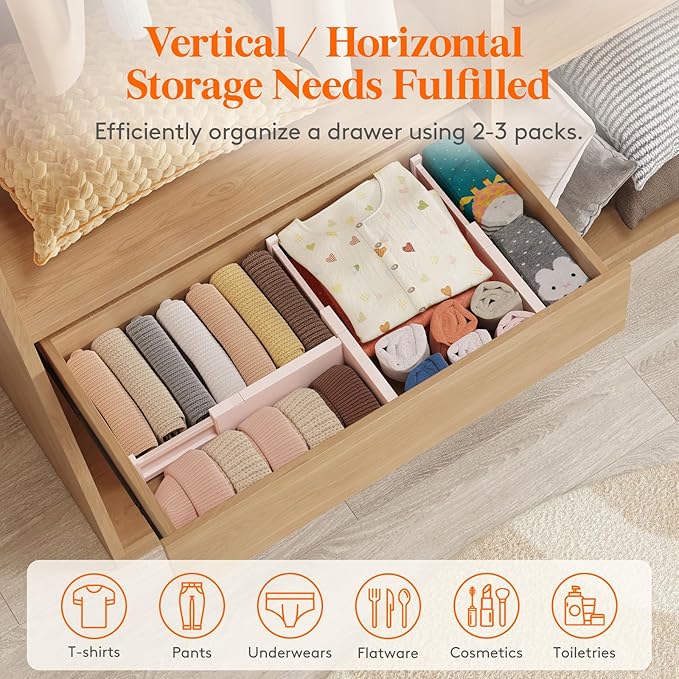 Lifewit 6 Pack Drawer Dividers 4" High 28-43.5cm/11-17" Adjustable Drawer Organizer for Clothes/Utensils, Expandable Drawer Separator in Dresser/Kitchen/Bedroom/Office Organization & Storage Pink