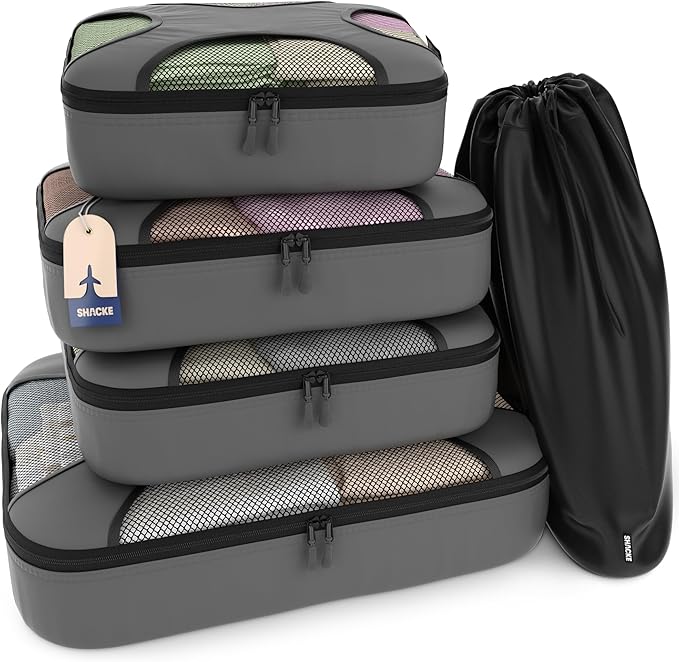 Shacke Packing Cubes for Travel 5 Set - Premium Luggage Organizer Bags - Versatile Travel Organizer for Women and Men - Optimized Packing Bags - Travel Essentials (Dark Grey)