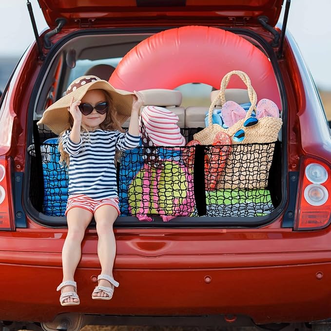 Cargo Net for Car, Expandable 3 Pocket Heavy-Duty Cargo Net Organizer, Black Mesh Storage Pocket with 4 Metal Carabiners Universal for Car, SUV, Pickup Truck, Van Trunk Bed- 47.2” x 11.8”