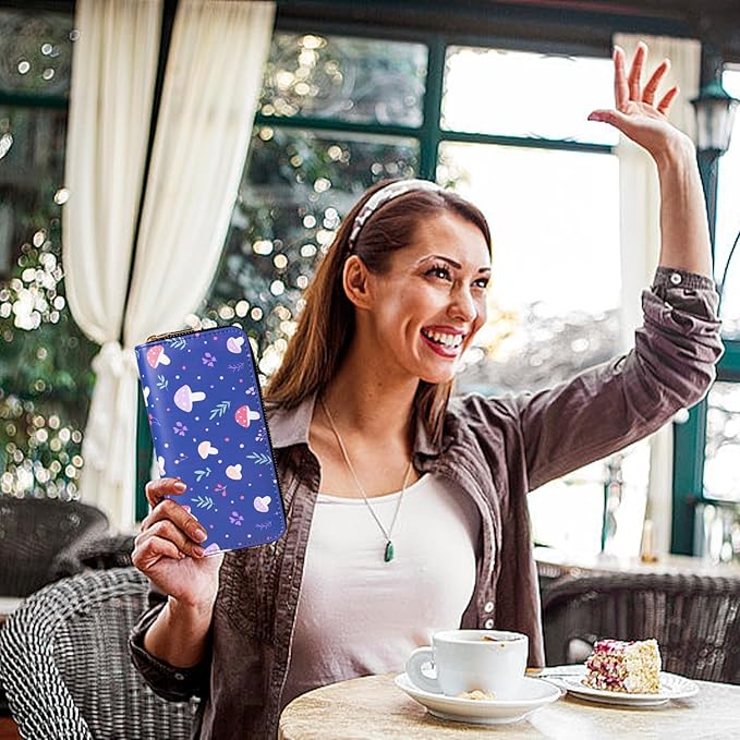 Mushroom Wallets for Women Large Capacity Double Zippes Ladies Purse Vintage Credit Card Holder (Dark Blue)