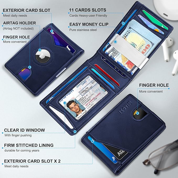 miyozi Airtag Wallet for Men,with Money Clip 11 Cards Slim Front Pocket Leather RFID Blocking Wallet with Gift Box