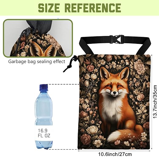 Car Garbage Bag Vintage Floral Fox Drawstring Car Trash Bag Hanging for Back Seat with Adjustable Buckle Canvas Vehicle Trash Can Easy-to-Install for Car Accessories Vehicle Travelling Camping