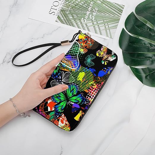 Unisex Zip Around Wallet for Adults Teens Abstract Ink Stains with Butterflies Coin Pouch Cash Pocket PU Leather Wallets Card Holder Organizer Designer Purse with Wristlet Strap