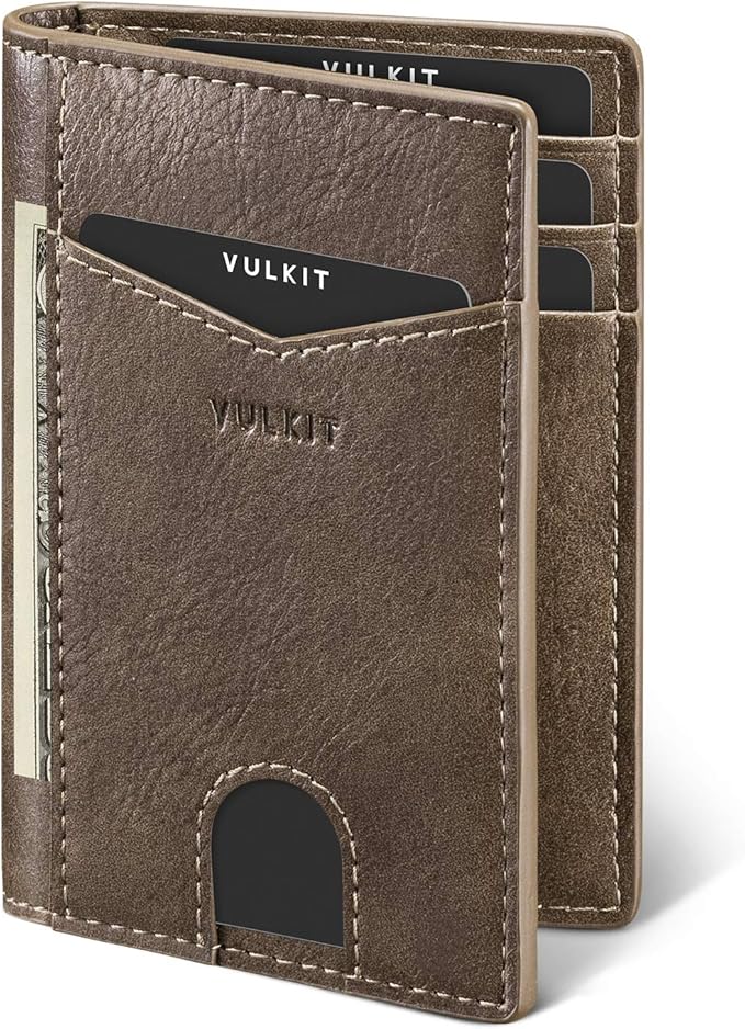 VULKIT Bifold Front Pocket Slim Wallet RFID Blocking Minimalist Thin Leather Credit Card Holder Wallet for Men and Women Mocha