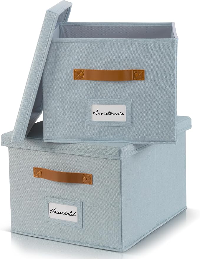 Decorative File Organizer Box Set of 2 - Collapsible Linen Filing Cabinets with Handles Are Perfect to Store All Your Documents & Hanging File Folders - Portable Easy Slide Office Crates with Lid