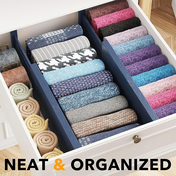 SpaceAid Bamboo 4 Pack Dresser Drawer Dividers, 4.65??High Adjustable 12.5??17??Drawer Organizers, Expandable Organization for Clothing, Clothes, Dressers, Navy Blue