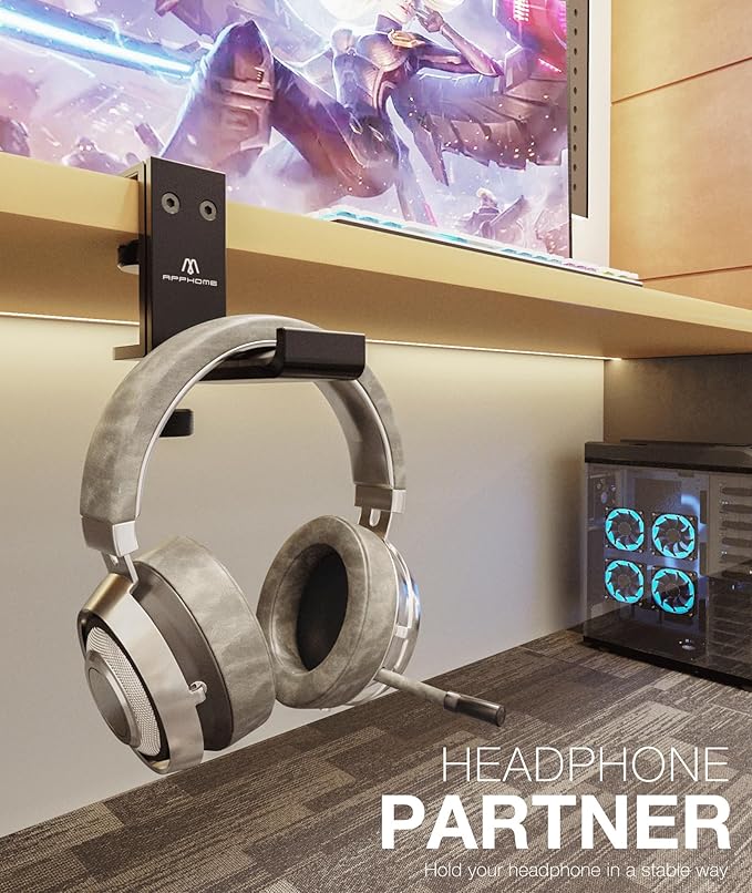 New Foldable Headphone Stand Hanger Holder Aluminum Headset Soundbar Stand Clamp Hook Under Desk Space Save Mount, Universal Fit Gaming Headphones, Black