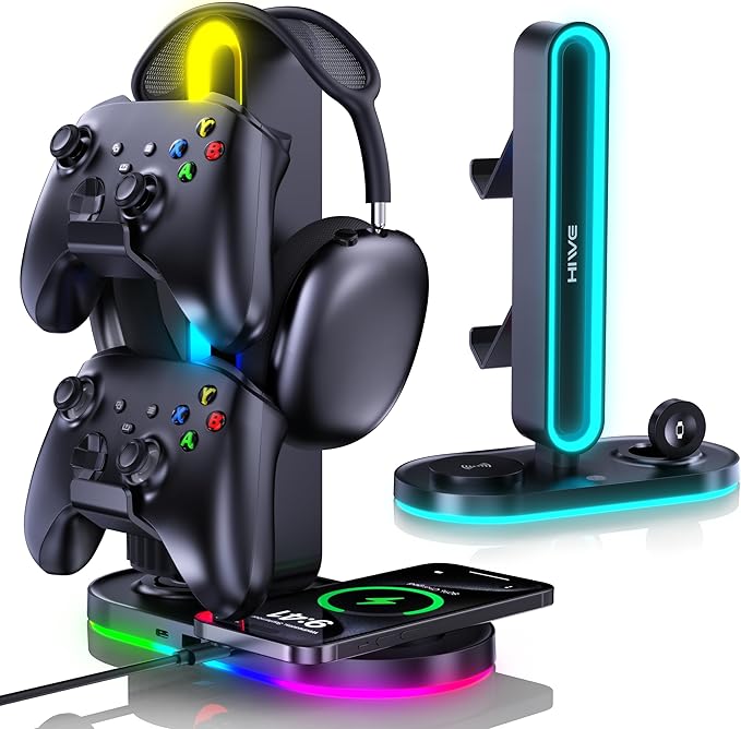 HiWe Universal RGB Gaming Headphone Stand with 2 Controller Holder, Wireless Charger for iPhone/iWatch, Solid ABS, Non-Slip Base, with USB-A & USB-C Outputs, Adatper Included, Black