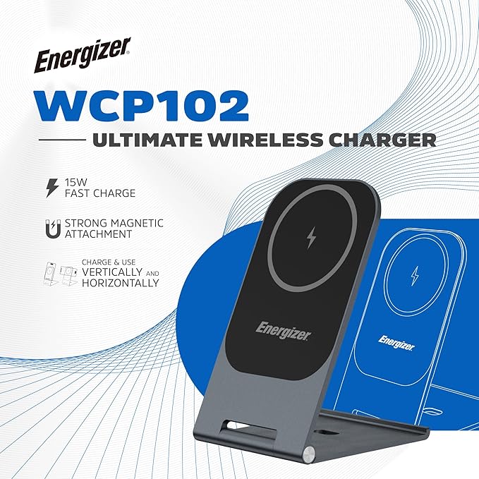Energizer WCP102 Ultra Thin Wireless Charging Stand, MagSafe, 15W Max, 3mm, 180 Degree Adjustment, Aluminium Alloy