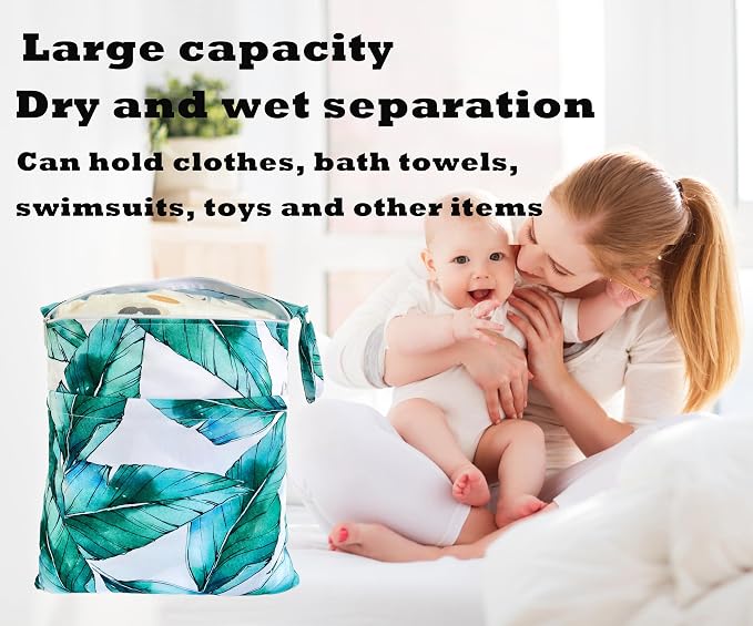 Wet Dry Bag for Cloth Diapers, 2PCS Waterproof Reusable Wet Bag with Zippered Pockets, Washable, Reusable for Travel, Beach, Pool, Stroller, Diapers, Dirty Gym Clothes, Swimsuits, 14x12In & 12x11In
