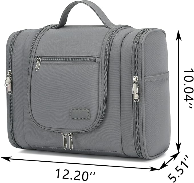 Hanging Travel Toiletry Bag for Men and Women with Metal Swivel Hook, Large Travel Makeup Organizer for Full Sized Cosmetics and Toiletries, Water-Resistant Bathroom Toiletry Bags, Grey