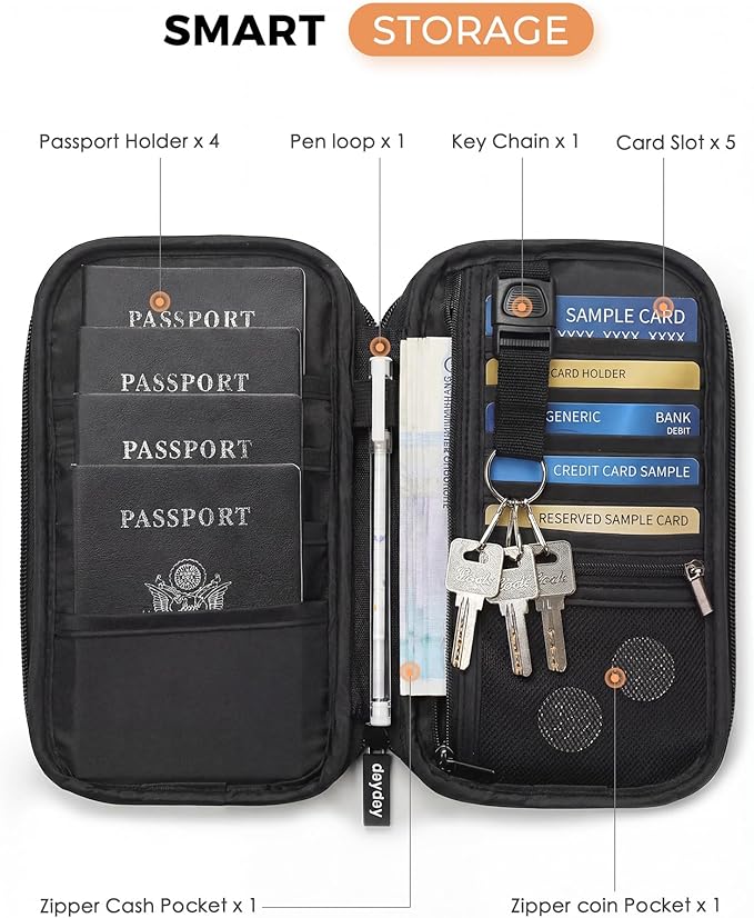 Travel Passport Holder - Family Passport Wallet Holder, Lightweight Portable Travel Document Organizer Passport Card Cover with Zipper Pocket (Black)