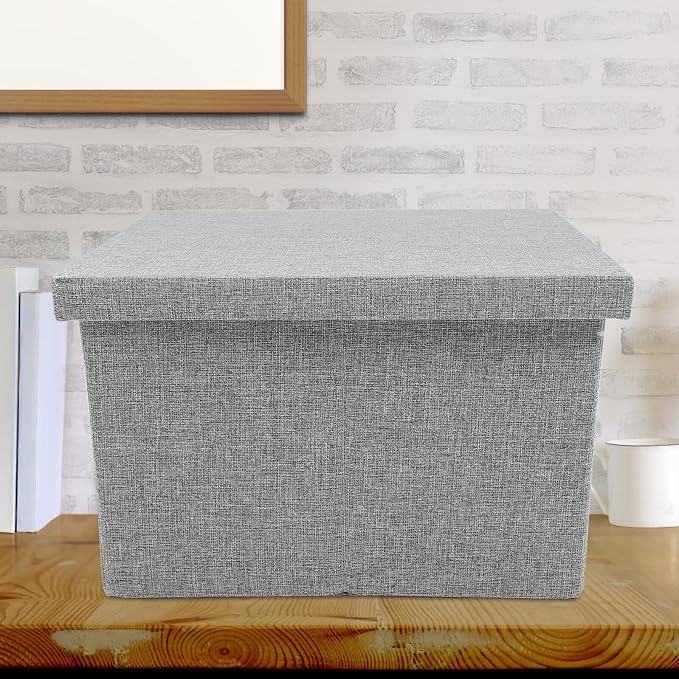 Gray Cloth File Organizer Box with Lid, Office Desk Storage Container for Document Filing and File Carrying, Stackable Desktop Storage Holder for Office Supplies
