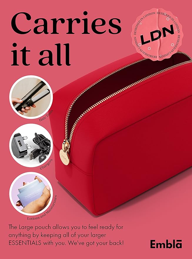 Embla Large Makeup Bag and Waterproof Nylon Travel Toiletry Bag, Large Capacity Cosmetic Zipper Pouch, Red