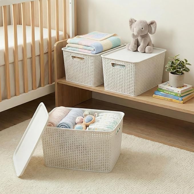BINO | Plastic Storage Baskets with Lids, 22 Liter - 3 Pack, White | THE WOVEN COLLECTION | Storage Basket for Shelves | Woven Storage Baskets for Organizing Bins Pantry Shelf Organizer Container Bin