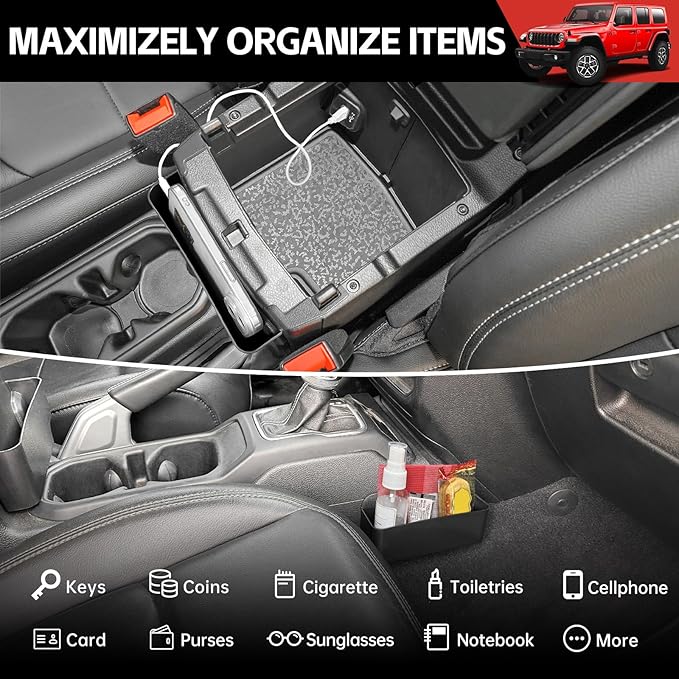 Center Console Gear Shift Organizer Fit for 2018-2025 Jeep Wrangler JL JLU 4XE/Gladiator JT Center Console Hanging Storage Tray for Wrangler&Gladiator Accessories(Hanging+Shifter Organizer)