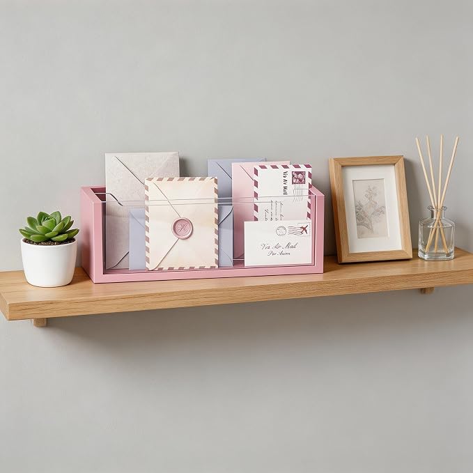 Aesthetic Pink Mail Organizer with Clear Acrylic Dividers - Adjustable Desk & Wall Mount Letter Holder, Modern Paper Sorter for Home Office Decor