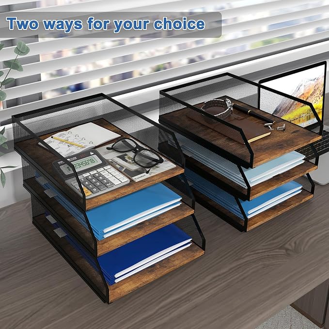 Natwind 3-Tier Stackable Metal Mesh Paper Organizer with Sliding Tray,Retro | Wooden Desk Organizer, Letter Tray For Desktop,File Holder For Home Office School Classroom Organization