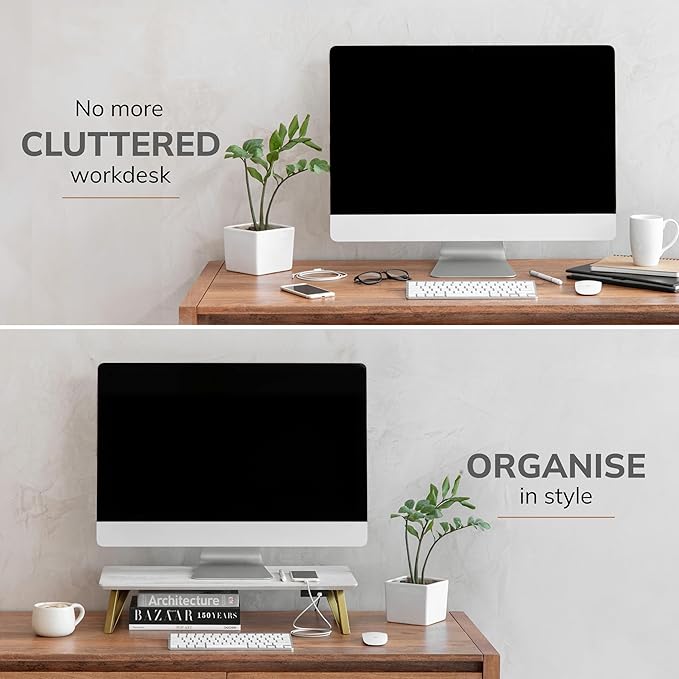 Anji Mountain Monitor Stand - Desktop Organizer & Laptop Riser, Ergonomic Monitor Riser, Space-Saving Monitor Stand for Desk, Durable Construction, Easy Assembly, Ideal for Home & Office,White Wash