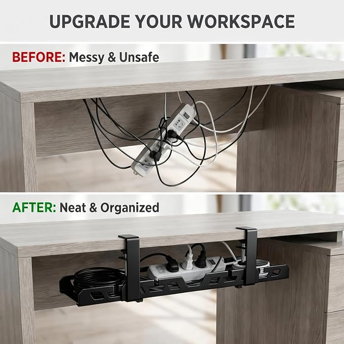 Under Desk Cable Management Tray 14.9-23.6 Inches Bidirectional Extendable Metal Cable Organizer with Clamp Mount, No Drill Wire Management System for Home Office & Gaming Desk(Black)