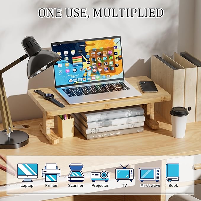 Bamboo Monitor Stand Riser for Desk, Height Adjustable Computer Riser & Laptop Stand, Ergonomic Desktop Organizer Shelf W/ Underneath Storage, Sturdy 100 lbs Capacity for Printer/TV/Home Office