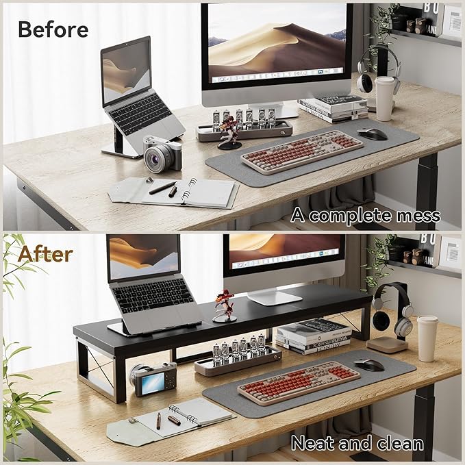 IBUYKE Large Dual Monitor Stand Riser for 2 Monitors, Wooden Desktop Computer Monitor Stand Storage Shelf and Steel Legs,Dual Screen Office Desk,Monitor Riser for Computer, Printer,Laptop,TV,Black UTDJ002B