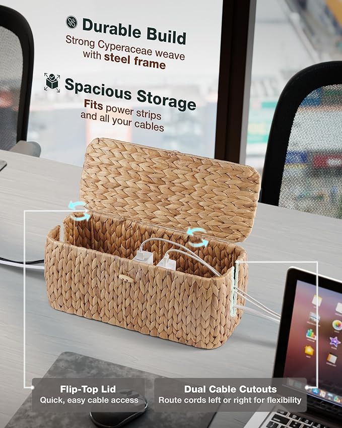BLUEWEST Cable Management Box, Water Hyacinth Organizer Box, Durable Rattan Cable Organizer with Dual Open Slots for Desk, TV, or Office Cords, Stores Power Strips, USB Hubs, and Wires