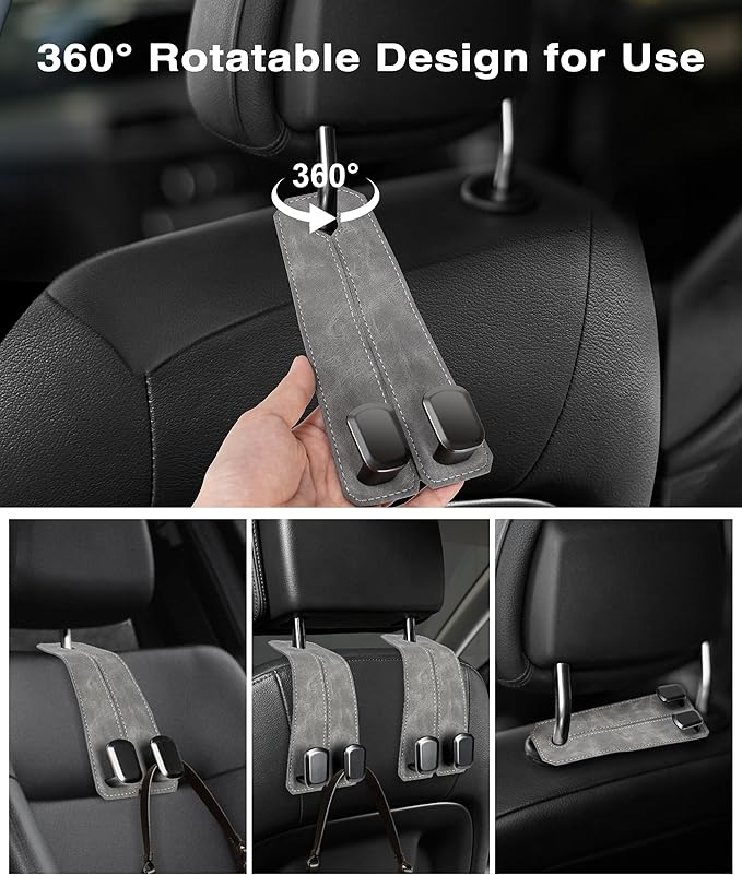 Car Purse Holder Hook, 2PCS Car Hooks for Headrest Luxurious Leather 100% Metal Car Hangers for Seat Multifunctional Car Bag Hook Car Seat Back Storage Hook Accessories (Grey)