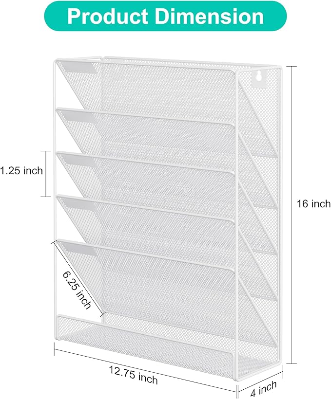 EasyPAG 5 Tier Wall File Holder, Mesh Hanging Folder Organizer with Classify Label, Versatile Desk File Holder, Vertical Wall Mounted Mail Organizer for Office Home Cubicle, White