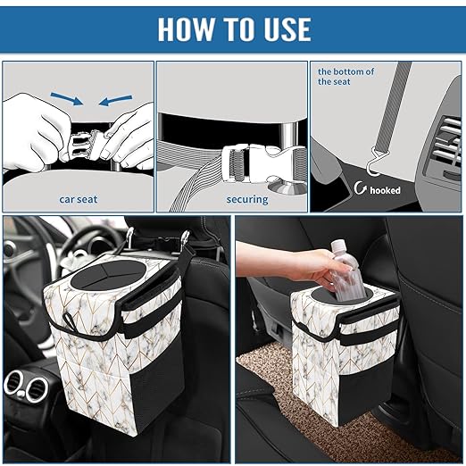Geometric Line Arrow Pattern Auto Garbage Can with Lid, Leak-Proof Car Storage Bag, Hanging for Headrest, Collapsible and Portable, Mesh Pocket