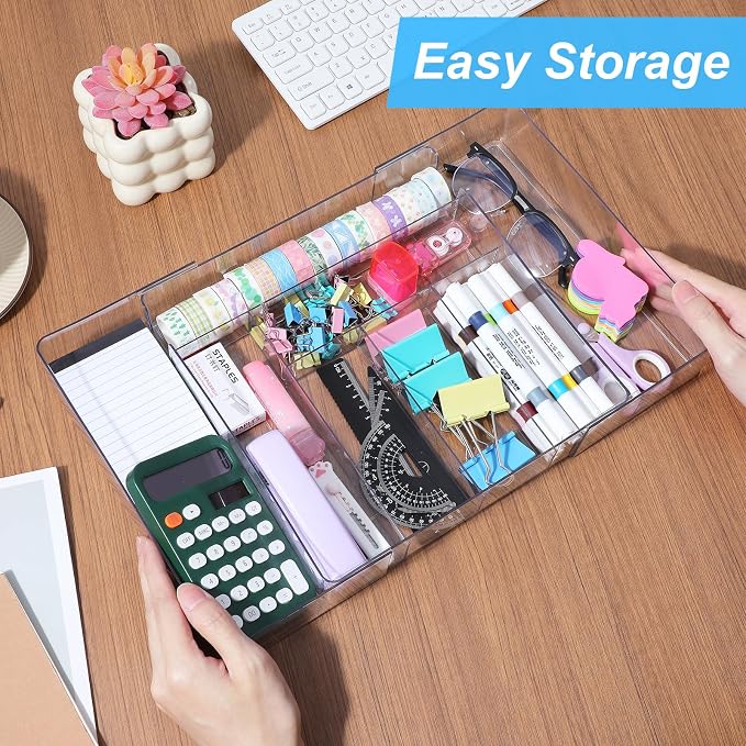 Expandable Acrylic Drawer Organizer, Clear Desk Drawer Organizers Tray with 8 Adjustable Compartments Multifunctional Desk Accessories for Vanity, Office, Kitchen, Bathroom