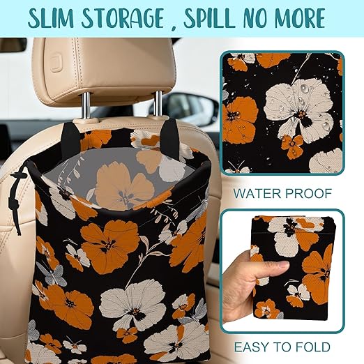 Car Garbage Bag Orange and White Floral and Butterfly Drawstring Car Trash Bag Hanging for Back Seat with Adjustable Buckle Canvas Vehicle Trash Can Easy-to-Install