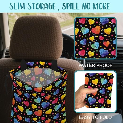 Car Trash Bag Watercolor Colorful Hearts Leak-Proof Waterproof Car Garbage Bag with Drawstring Foldable Canvas Trash Bin with Adjustable Buckle for Car Accessories, Travelling, Camping