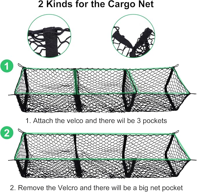 Truck Bed Cargo Net with Detachable 3 Pocket, 59“ Long Pickup Trunk Mesh Organizers & Elastic Storage for Tacoma Ford Chevy Silverado GMC etc,Grocery Holder Trunk Net with 8 Carabiners Accessories