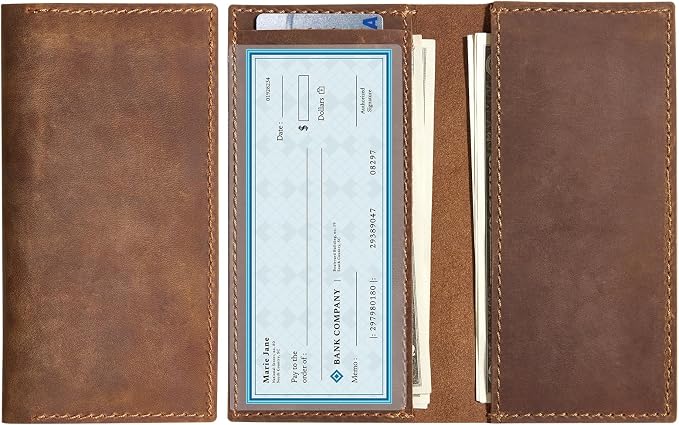 CoBak Genuine Leather Checkbook Cover – RFID Blocking, Luxury Handcrafted Design, Slim & Durable Organizer for Personal & Business Checks.Genuine Leather Brown