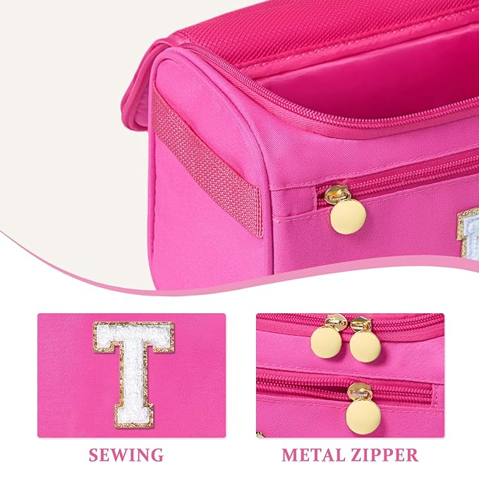 COSHAYSOO Summer Birthday Gifts for Women Her Beach Vacation Gift Ideas Personalized Travel Size Toiletries Organizer, Large Hanging Toiletry Bag Skincare Case Waterproof Traveling Hot Pink Letter T