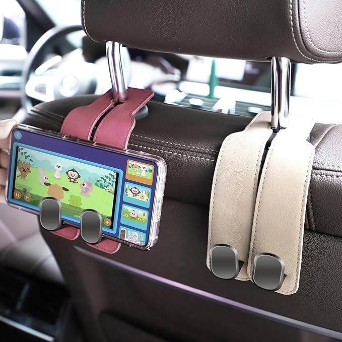 Amelity Car Headrest Hooks, Purse Hook for Vehicle 2 Pack Beige | Universal Car Interior Accessories for Women, Available in 2/4 Pack, Storage Hanger Holds Purses, Backpacks, Grocery Bags